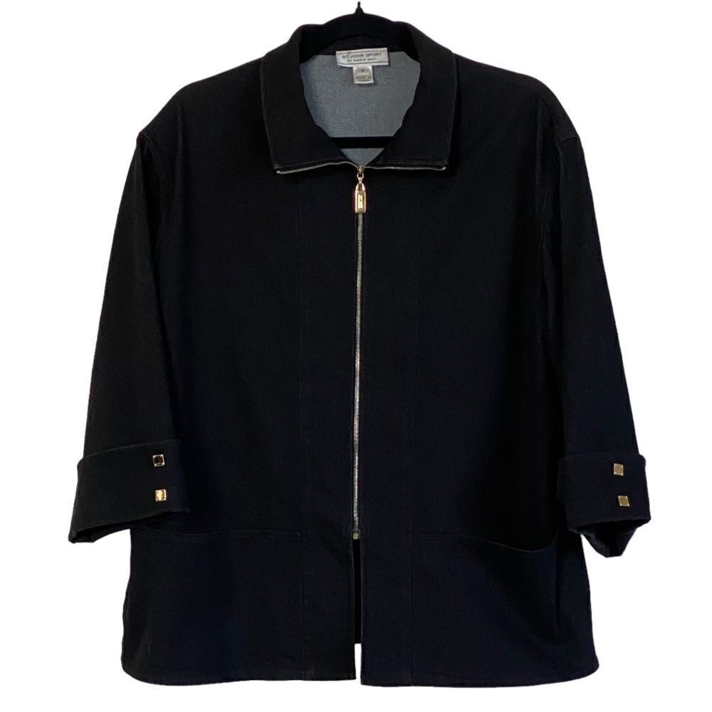 St John Sport by Marie Gray Black Denim Zip Up Jacket Sz S - Picture 2 of 12